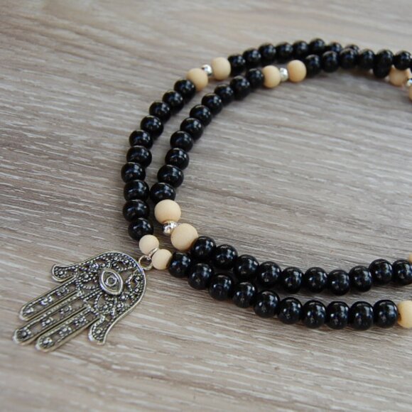 Hamsa Hand Necklace,Wood Necklace,Hand of Fatima Necklace - Picture 3 of 3